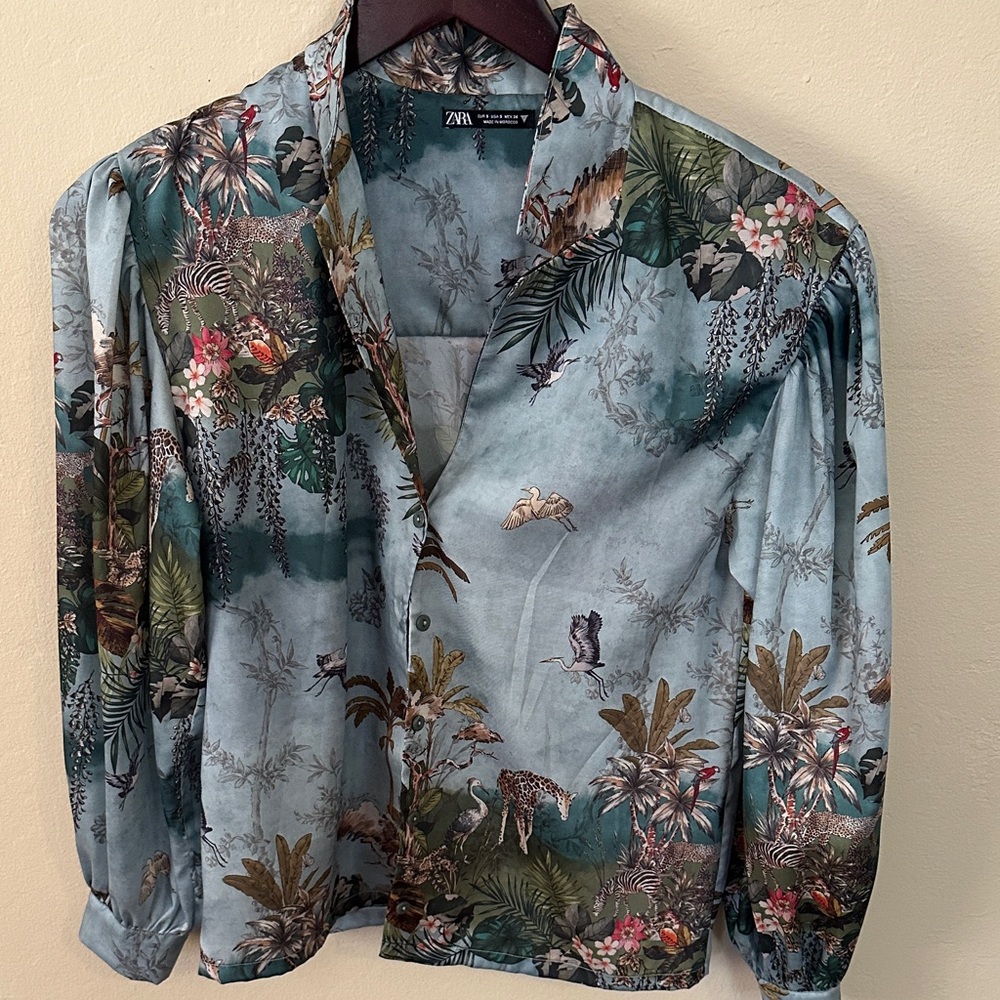 Zara Men's Jungle Print Shirt - Green and Blue